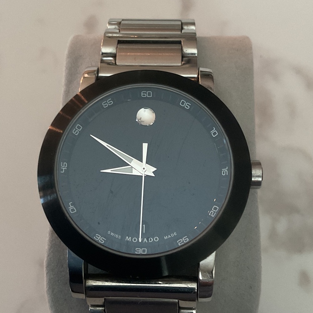 Movado Black Dial Silver Bracelet Watch